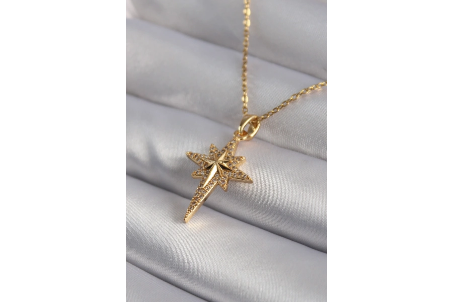 Shoecide 316l Çelik Gold Renk Zirkon Taşlı Kutup Yıldızı Model Kadın Kolye