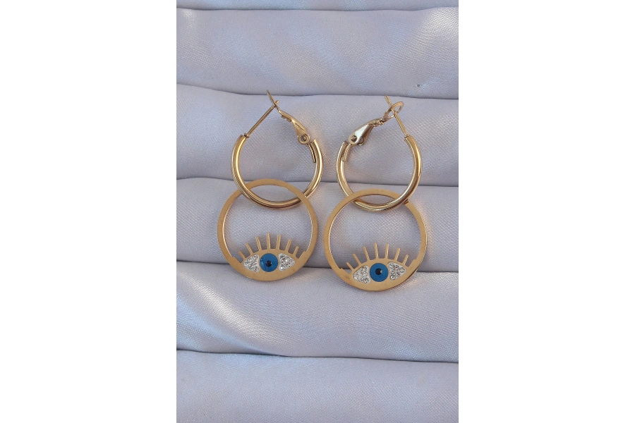 Shoecide 316l Çelik Gold Renk Zirkon Taşlı Mavi Göz Tasarımlı Halka Küpe