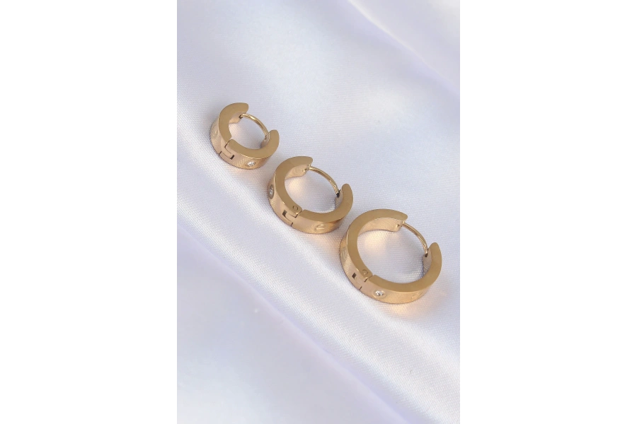 Shoecide 316l Çelik Gold Renk Zirkon Taşlı Model 3lü Halka Küpe