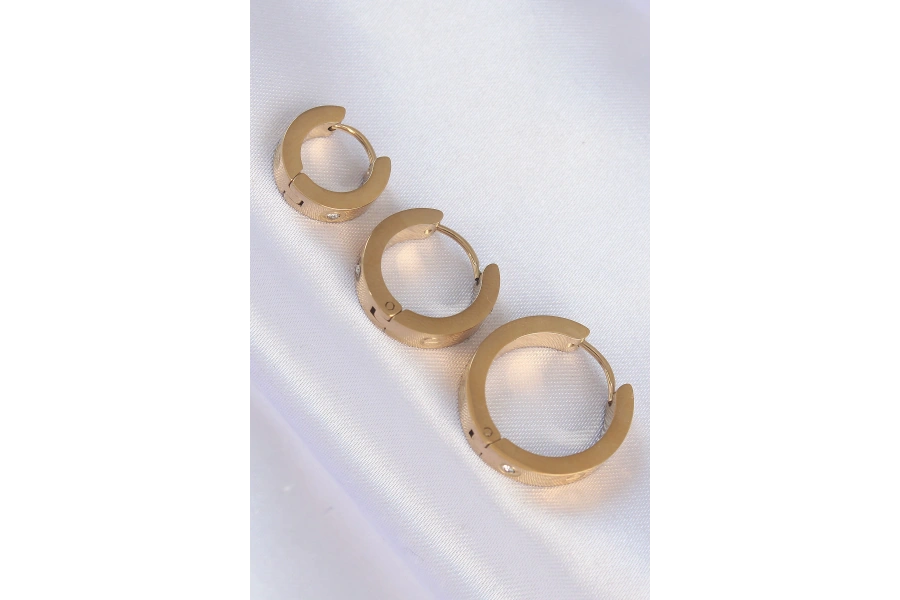 Shoecide 316l Çelik Gold Renk Zirkon Taşlı Model 3lü Halka Küpe