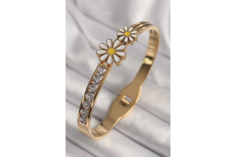 Shoecide 316l Çelik Gold Renk Zirkon Taşlı Papatya Model Kadın Kelepçe