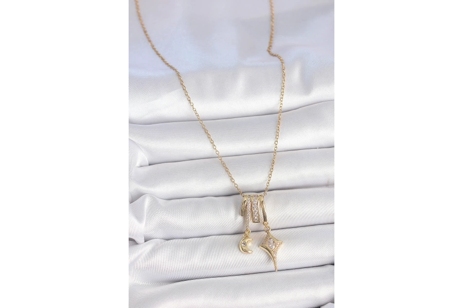 Shoecide 316l Çelik Gold Renk Zirkon Taşlı Sallantı Ay Yıldız Figür Charm Kadın Kolye