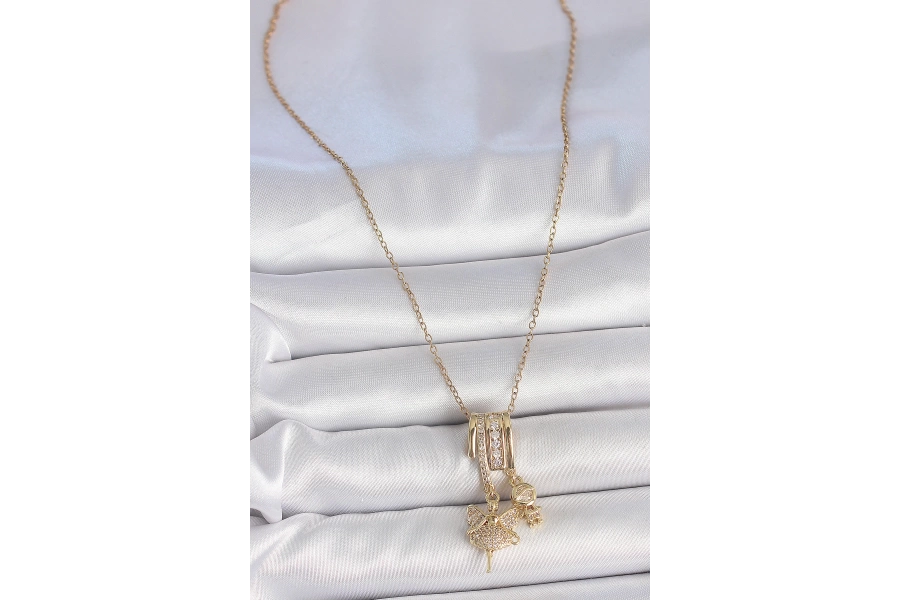 Shoecide 316l Çelik Gold Renk Zirkon Taşlı Sallantı Melek Figür Charm Kadın Kolye