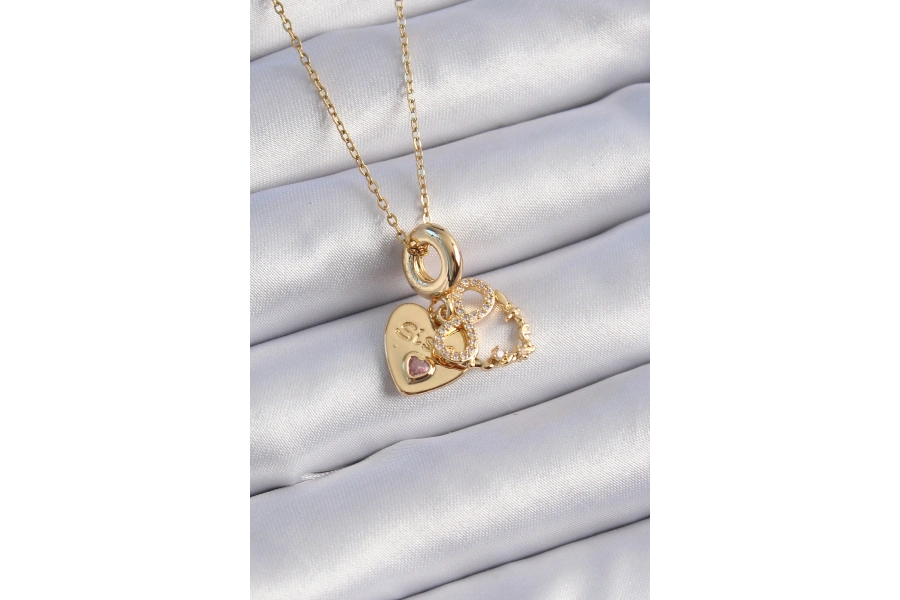 Shoecide 316l Çelik Gold Renk Zirkon Taşlı Sonsuzluk Kalp Figür Charm Model Kadın Kolye