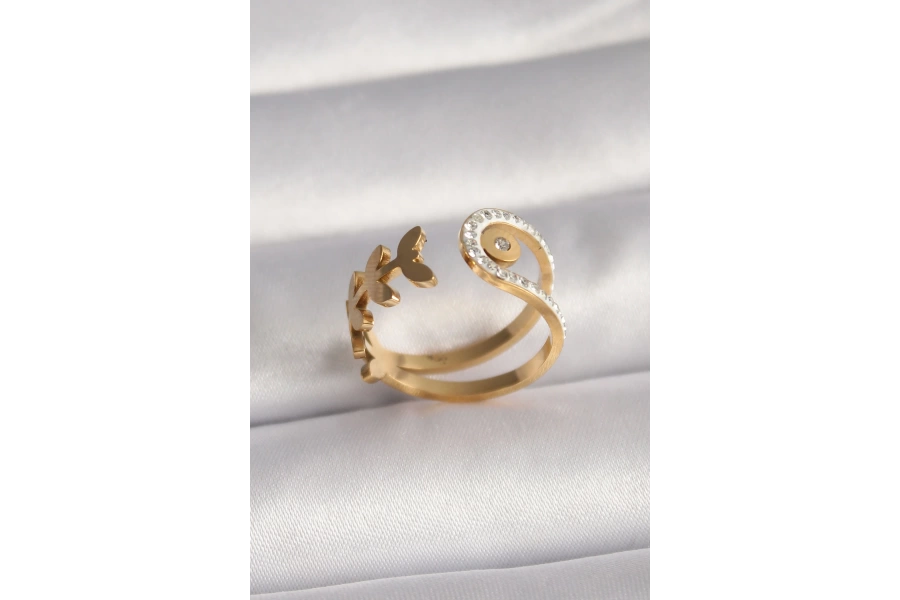 Shoecide 316l Çelik Gold Renk Zirkon Taşlı Yaprak Model Kadın Yüzük