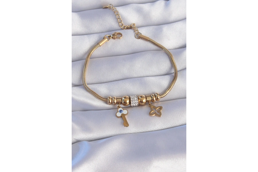 Shoecide 316l Çelik Gold Renk Zirkon Taşlı Yonca Detay Nazarlı Anahtar Tasarımlı Bileklik