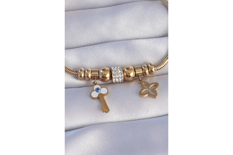 Shoecide 316l Çelik Gold Renk Zirkon Taşlı Yonca Detay Nazarlı Anahtar Tasarımlı Bileklik
