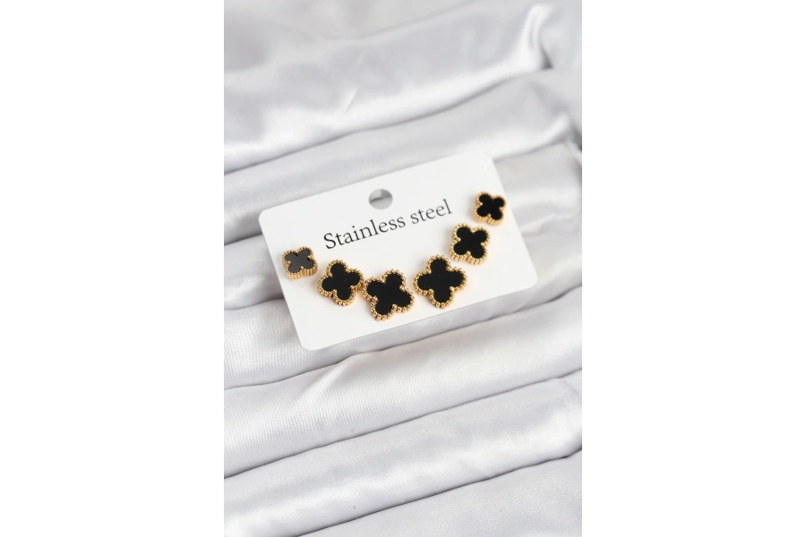 Shoecide 316l Çelik Gold Siyah Renk 3 Boy Yonca Küpe Seti