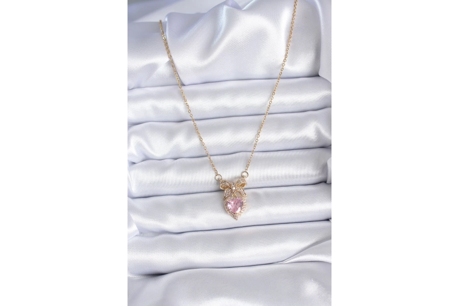 Shoecide 316l Çelik Gold Zincir Pembe Kristal Kalp Model Zirkon Taşlı Kurdele Model Kadın Kolye