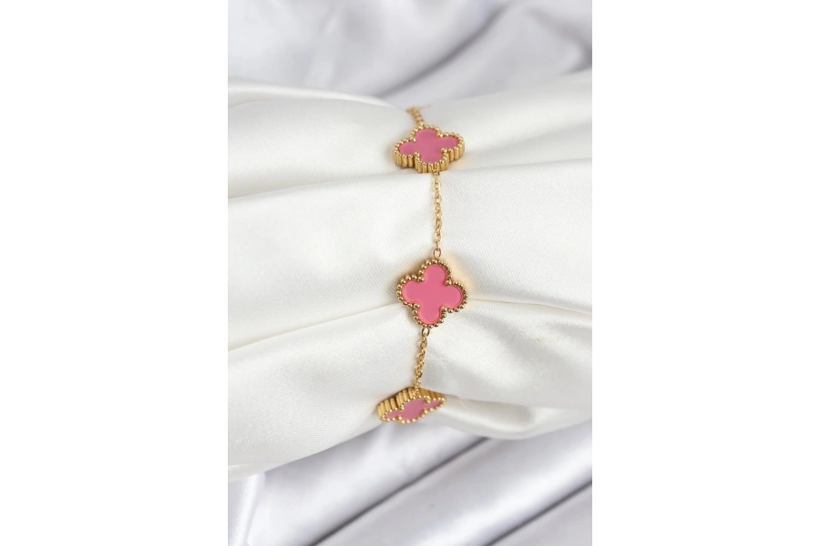 Shoecide 316l Çelik Gold Zincir Pembe Yonca Renk Bileklik