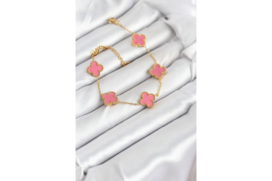 Shoecide 316l Çelik Gold Zincir Pembe Yonca Renk Bileklik