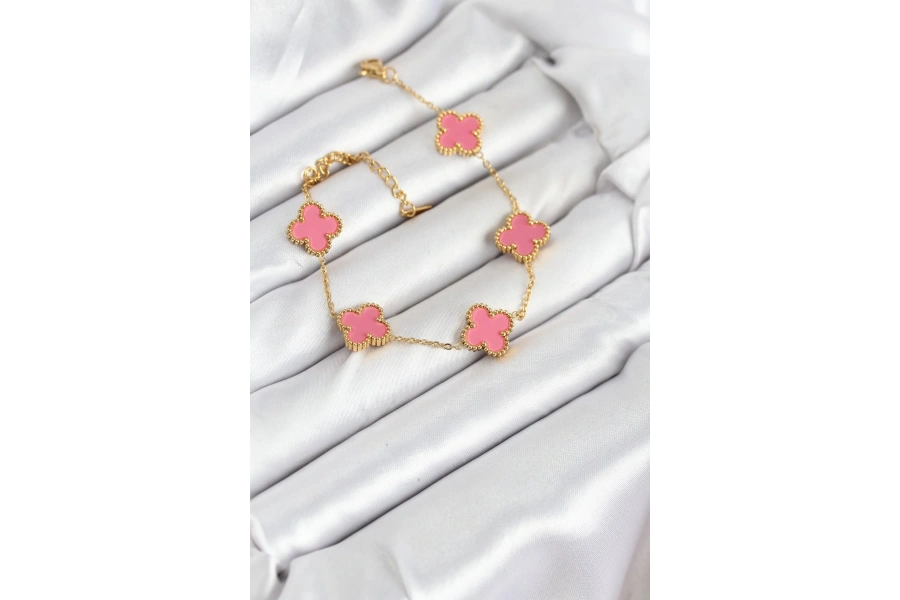 Shoecide 316l Çelik Gold Zincir Pembe Yonca Renk Bileklik
