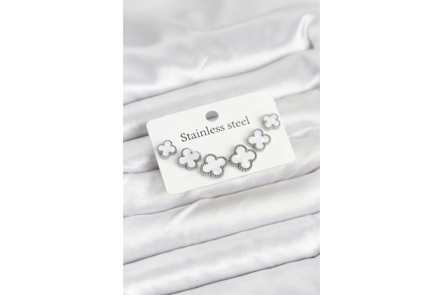 Shoecide 316l Çelik Gümüş Beyaz Renk 3 Boy Yonca Küpe Seti