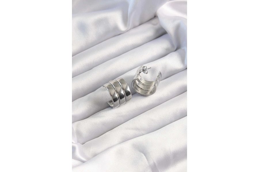 Shoecide 316l Çelik Gümüş Renk 3lü Görünüm Bombe Model Yarım Halka Küpe