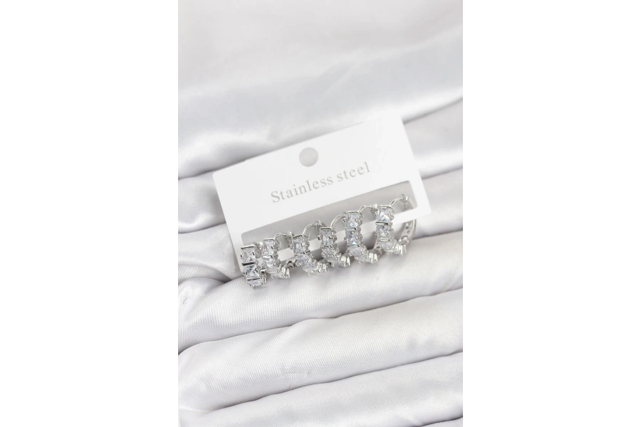 Shoecide 316l Çelik Gümüş Renk Baget Zirkon Taşlı Halka Küpe Seti