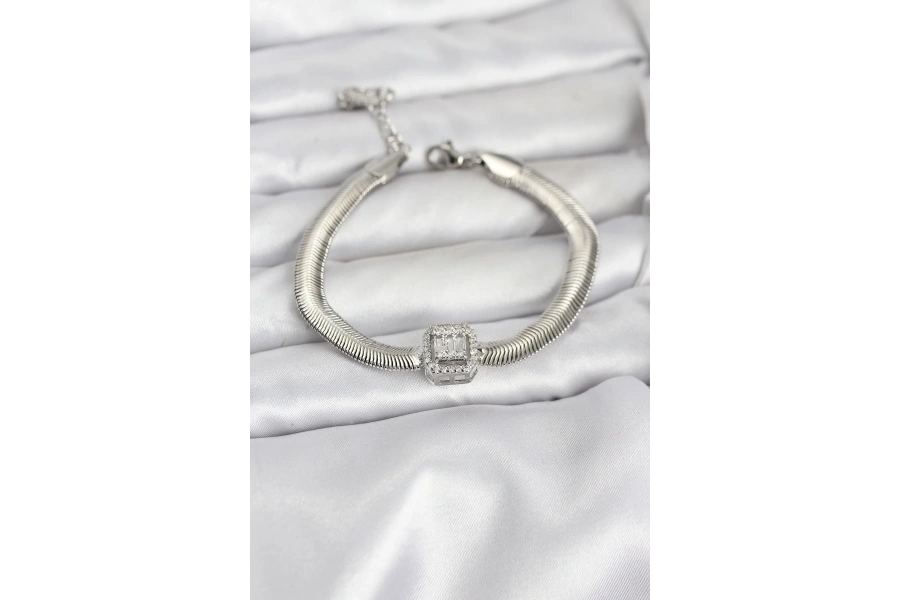 Shoecide 316l Çelik Gümüş Renk Baget Zirkon Taşlı Yılan Zincirli Kadın Bileklik