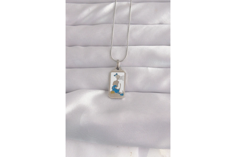 Shoecide 316l Çelik Gümüş Renk Beyaz Mineli Kız Figür Tarot Kolye