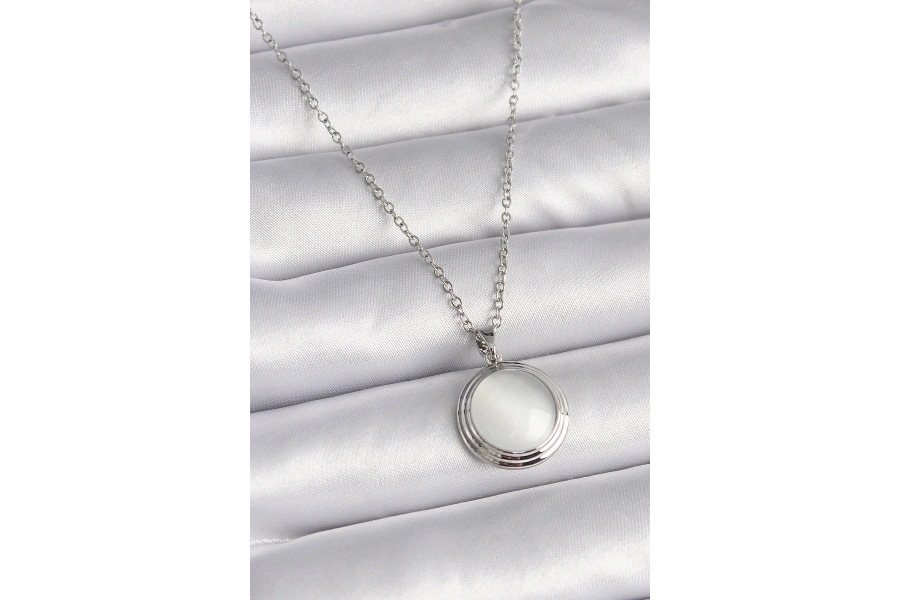 Shoecide 316l Çelik Gümüş Renk Beyaz Sedefli Daire Model Kadın Kolye