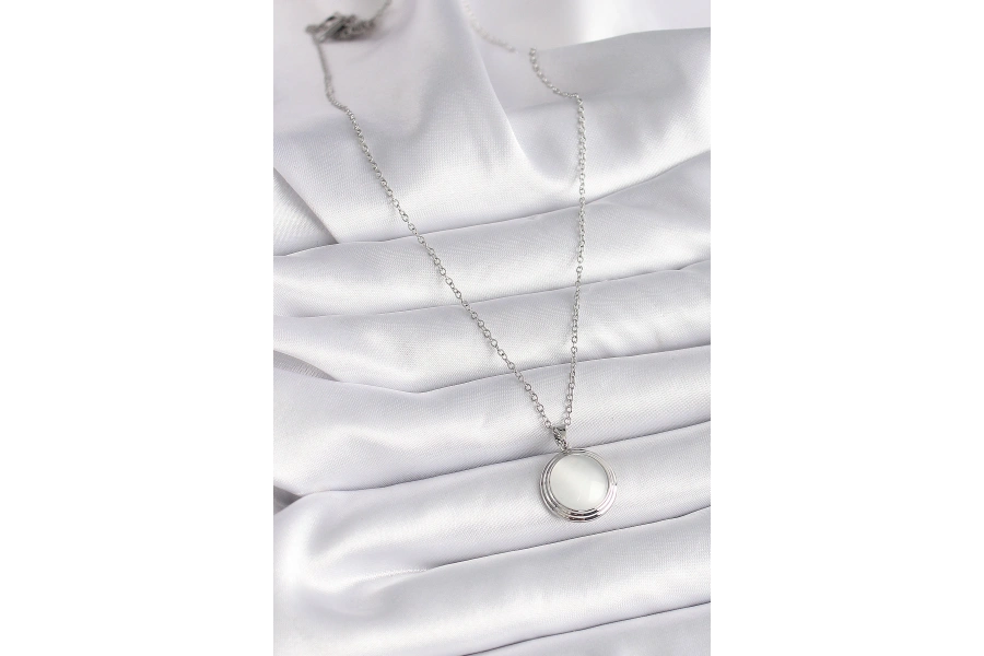 Shoecide 316l Çelik Gümüş Renk Beyaz Sedefli Daire Model Kadın Kolye