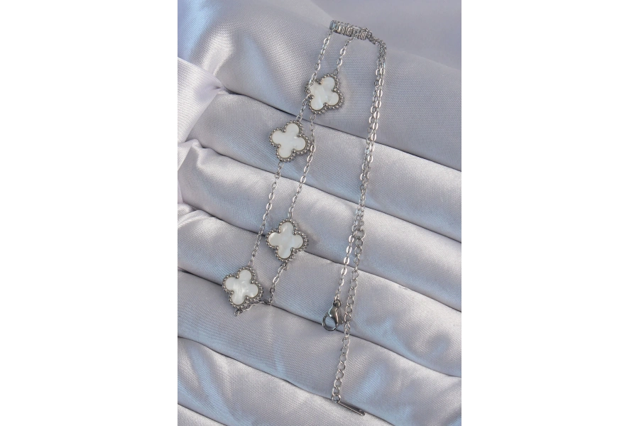 Shoecide 316l Çelik Gümüş Renk Beyaz Sedefli Yonca Kolye