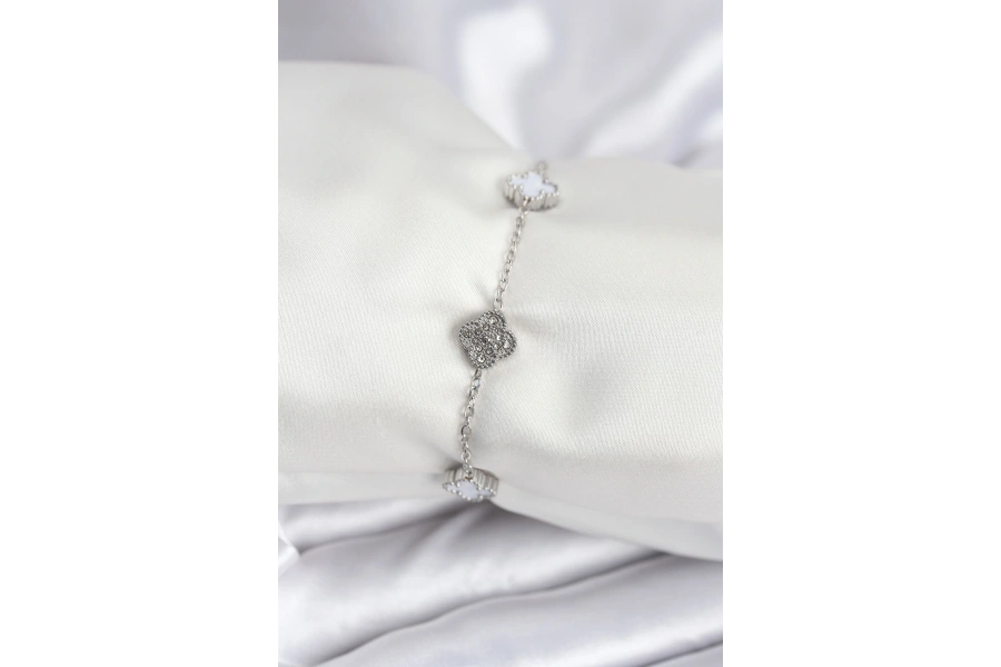 Shoecide 316l Çelik Gümüş Renk Beyaz Ve Zirkon Taşlı Baby Boy Yonca Kadın Bileklik