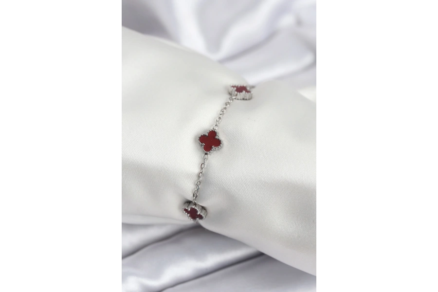 Shoecide 316l Çelik Gümüş Renk Bordo Baby Boy Yonca Kadın Bileklik