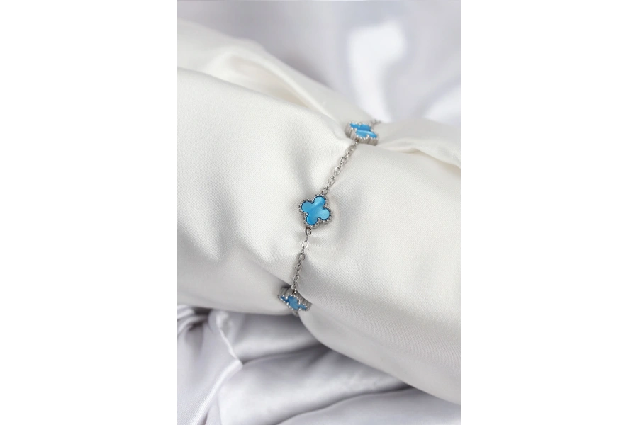 Shoecide 316l Çelik Gümüş Renk Buz Mavisi Baby Boy Yonca Kadın Bileklik