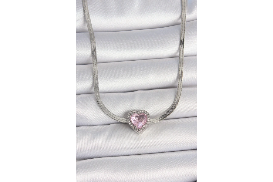 Shoecide 316l Çelik Gümüş Renk İtalyan Zincir Pembe Zirkon Taşlı Kalp Model Kadın Kolye