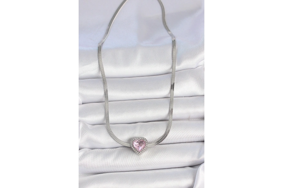 Shoecide 316l Çelik Gümüş Renk İtalyan Zincir Pembe Zirkon Taşlı Kalp Model Kadın Kolye
