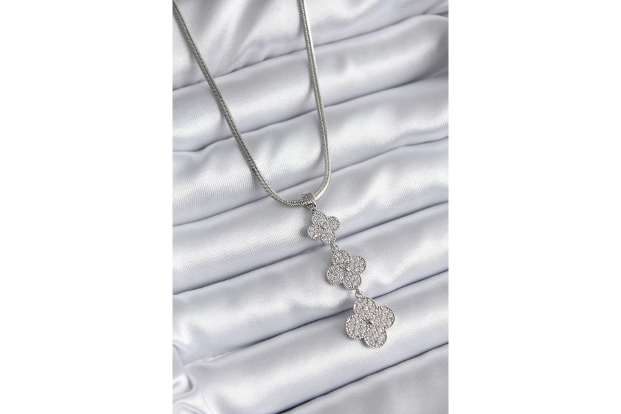 Shoecide 316l Çelik Gümüş Renk İtalyan Zincir Zirkon Taşı Yonca Model Kadın Kolye