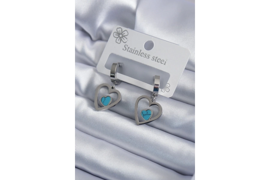 Shoecide 316l Çelik Gümüş Renk Kalp Model Mavi Taş Detay Kadın Küpe