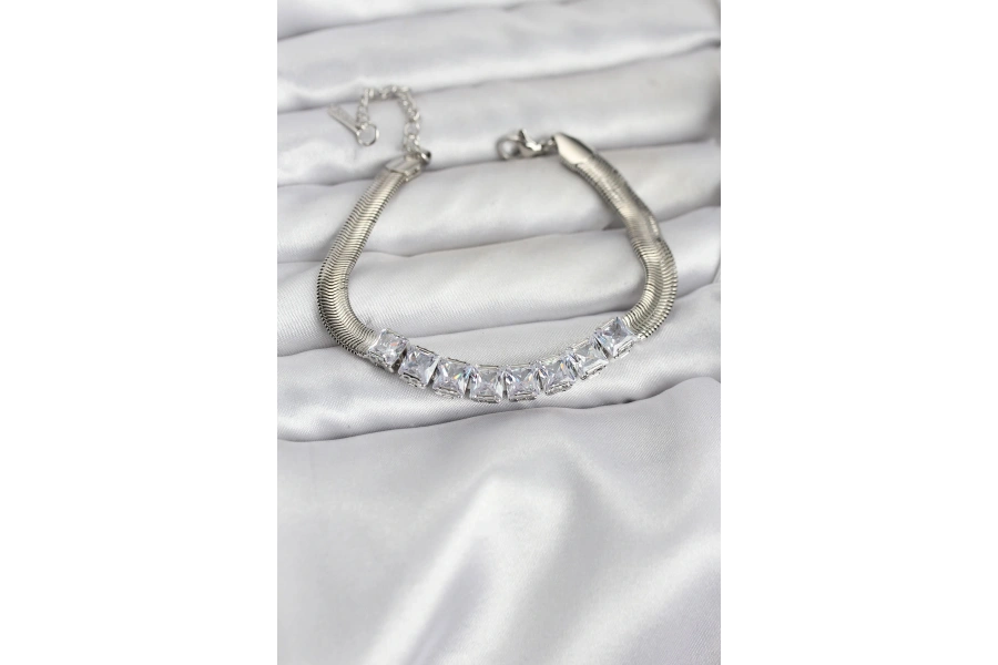 Shoecide 316l Çelik Gümüş Renk Kare Zirkon Taşlı Yılan Zincirli Kadın Bileklik