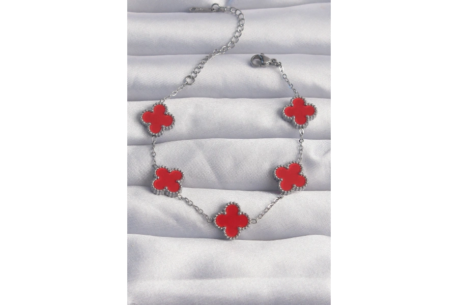 Shoecide 316l Çelik Gümüş Renk Kırmızı Mineli Yonca Bileklik