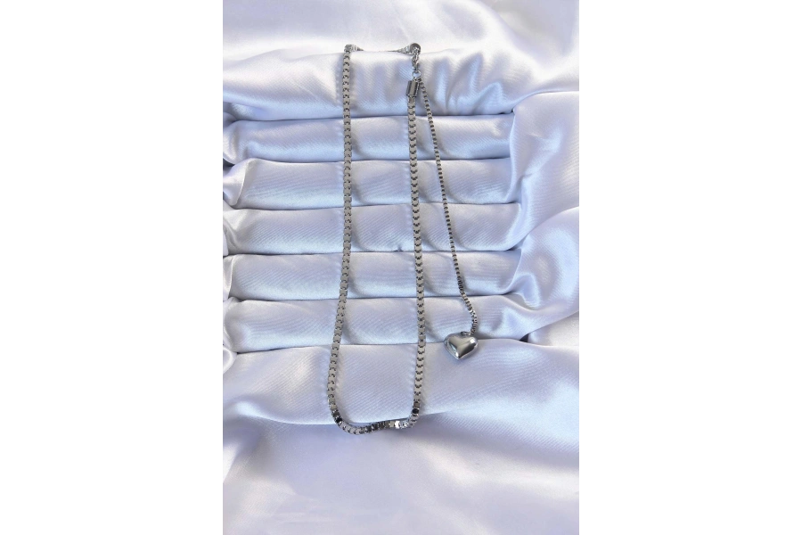 Shoecide 316l Çelik Gümüş Renk Küp Zincirli Kalpli Kolye