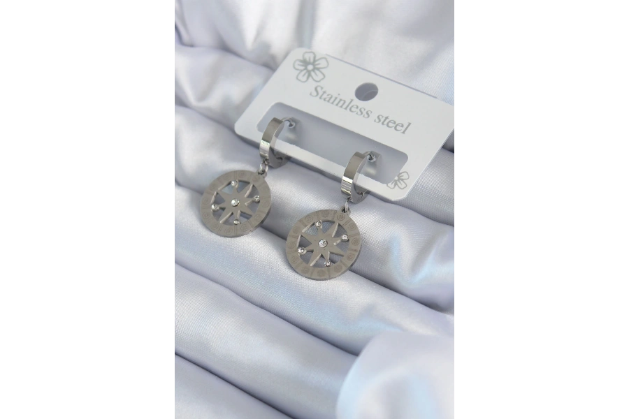 Shoecide 316l Çelik Gümüş Renk Kutup Yıldızı Model Zirkon Taş İşleme Detay Kadın Küpe