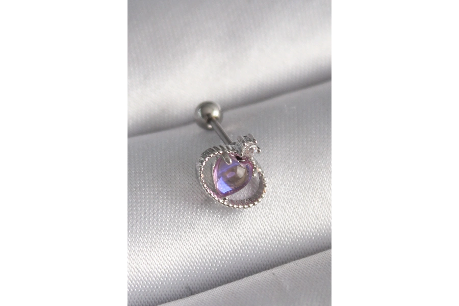 Shoecide 316l Çelik Gümüş Renk Mor Mineli Kalp Zirkon Taş Detay Tragus Piercing