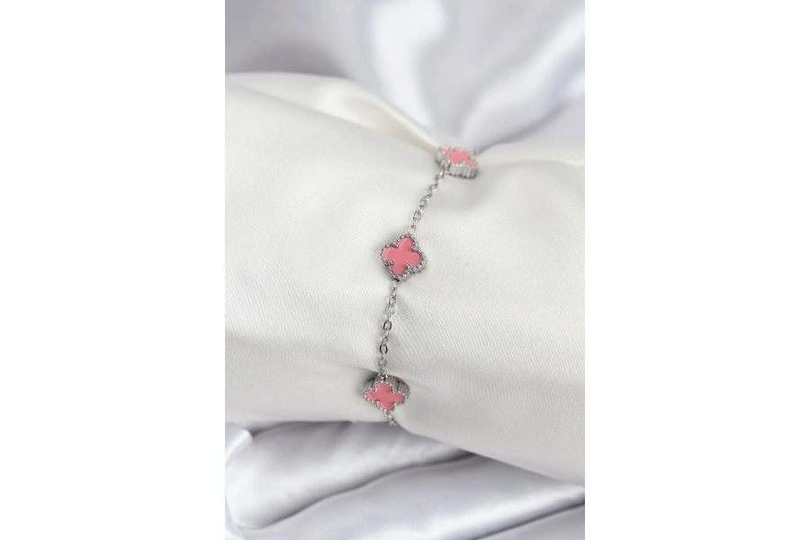 Shoecide 316l Çelik Gümüş Renk Pembe Baby Boy Yonca Kadın Bileklik