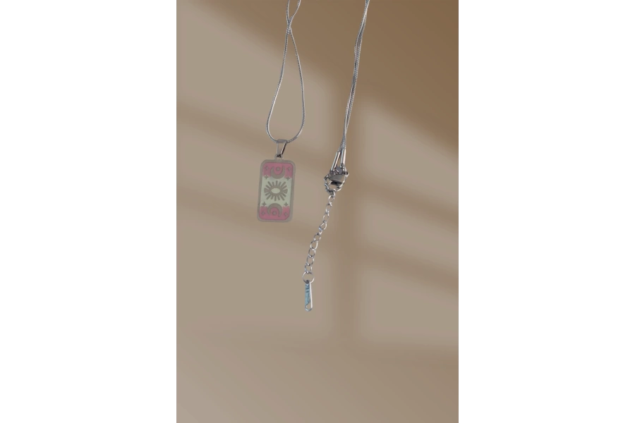 Shoecide 316l Çelik Gümüş Renk Pembe Mineli Ay Figür Tarot Kolye