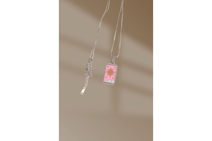 Shoecide 316l Çelik Gümüş Renk Pembe Mineli Güneş Model Tarot Kolye