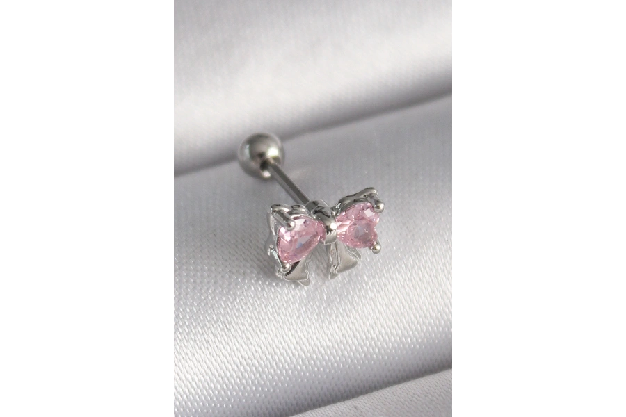 Shoecide 316l Çelik Gümüş Renk Pembe Zirkon Taşlı Fiyonk Tragus Piercing