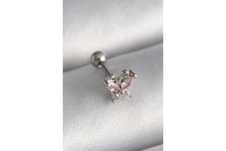 Shoecide 316l Çelik Gümüş Renk Pembe Zirkon Taşlı Kelebek Tragus Piercing