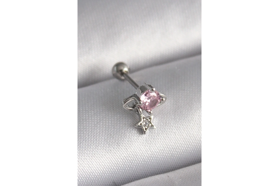 Shoecide 316l Çelik Gümüş Renk Pembe Zirkon Taşlı Sallantı Yıldız Detay Tragus Piercing