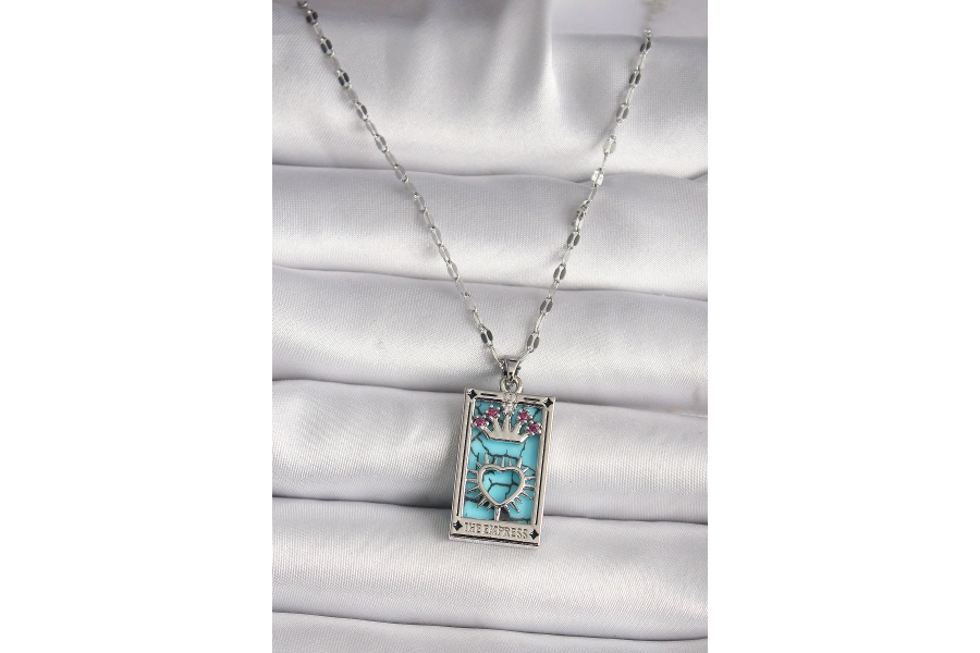 Shoecide 316l Çelik Gümüş Renk Pembe Zirkon Taşlı Taç Kalp Portre Model Kadın Kole