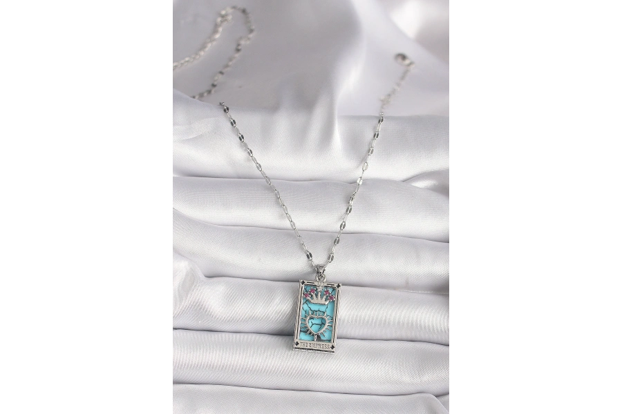 Shoecide 316l Çelik Gümüş Renk Pembe Zirkon Taşlı Taç Kalp Portre Model Kadın Kole