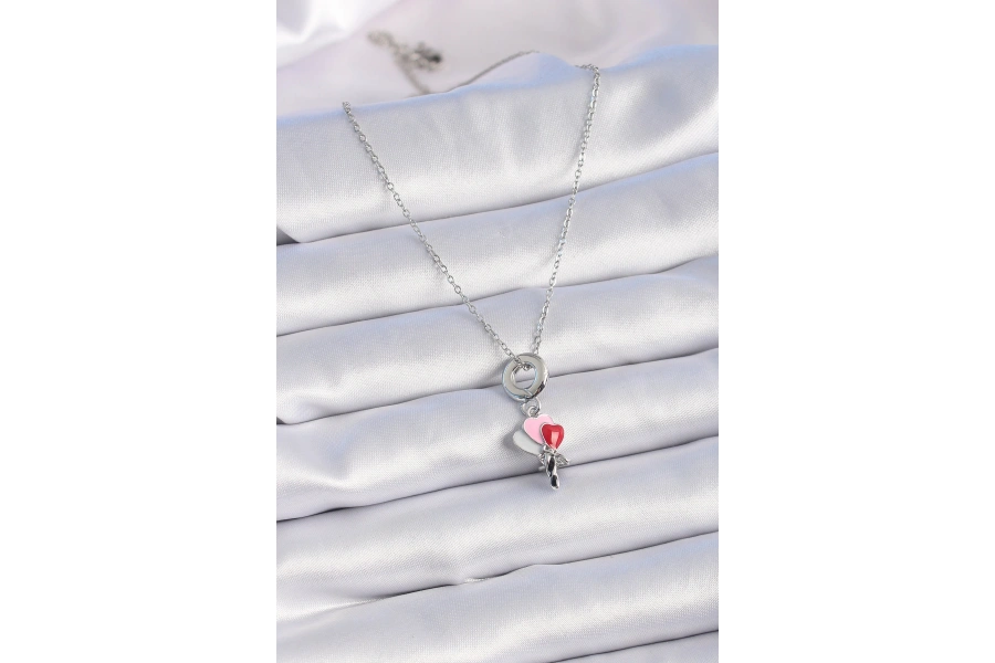 Shoecide 316l Çelik Gümüş Renk Renkli Kalp Figür Charm Model Kadın Kolye