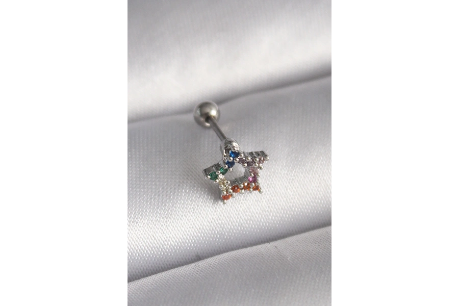 Shoecide 316l Çelik Gümüş Renk Renkli Zirkon Taşlı Yıldız Model Tragus Piercing