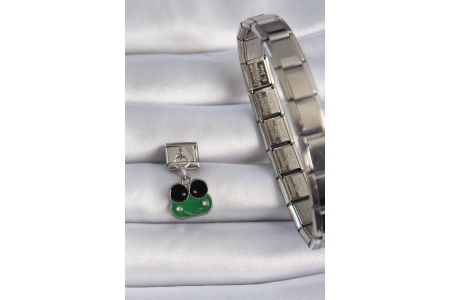 Shoecide 316l Çelik Gümüş Renk Sallantılı Yeşil Kurbağa Figür Nomination Charm