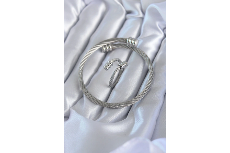 Shoecide 316l Çelik Gümüş Renk Sarmal Model Erkek Bileklik Yüzük Kombini