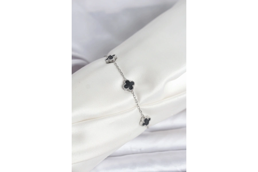 Shoecide 316l Çelik Gümüş Renk Siyah Baby Boy Yonca Bileklik