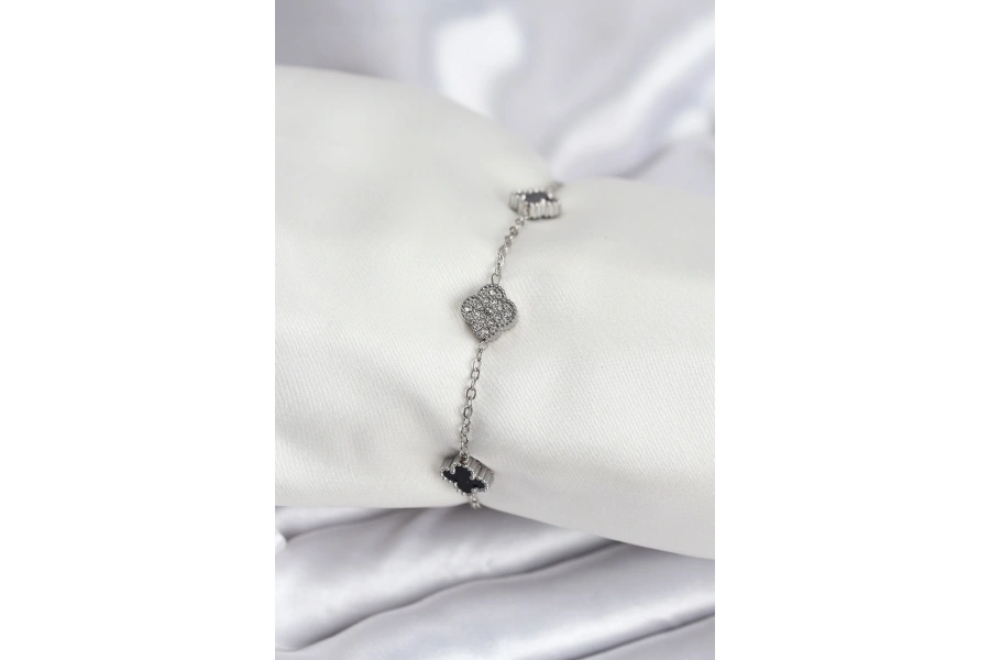 Shoecide 316l Çelik Gümüş Renk Siyah Ve Zirkon Taşlı Baby Boy Yonca Kadın Bileklik